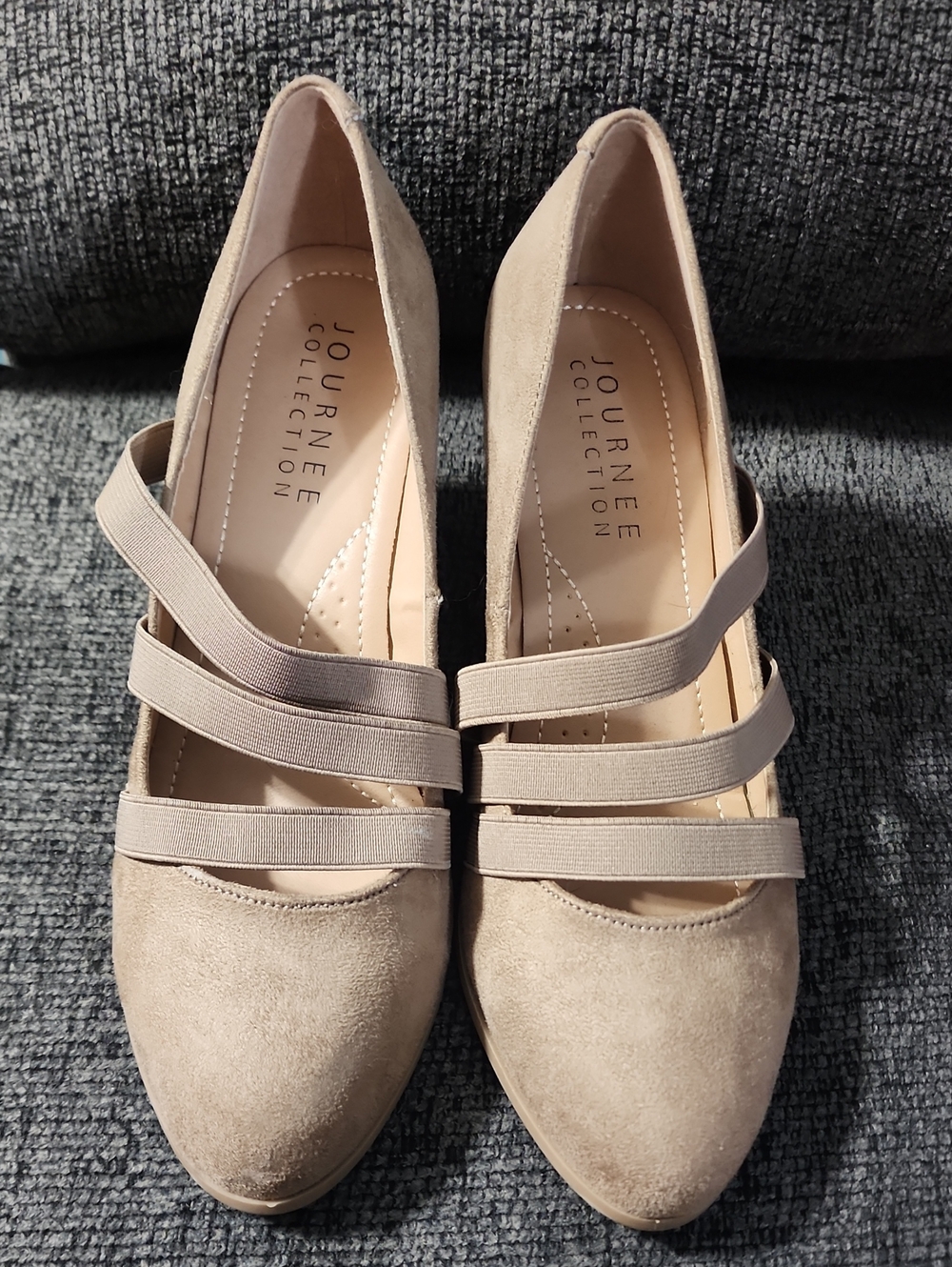 Journee Collection Beige Suede Triple-Strap Women's Heels